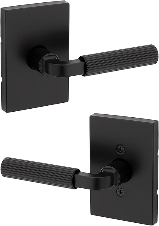 Kwikset Mirada Reeded Interior Passage Door Handle, Lever for Closet and Hallway Doors, Reversible Non-Locking Handle Lever, Matte Black, with Microban Protection