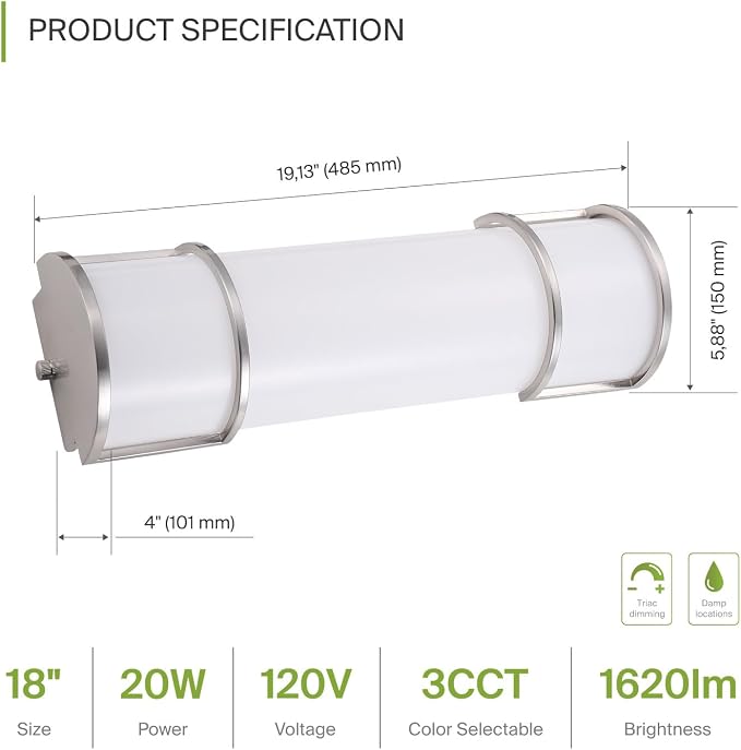 ASD LED 18 Inch Flush Mount Vanity Lighting Fixture | 20W 1650LM 3000K-5000K 120V | 3CCT, Dimmable, Energy Star, ETL Listed | Bathroom Linear Wall Light Bar, Long Tube Bath Sconce | Nickel, 4 Pack