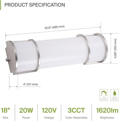 ASD LED 18 Inch Flush Mount Vanity Lighting Fixture | 20W 1650LM 3000K-5000K 120V | 3CCT, Dimmable, Energy Star, ETL Listed | Bathroom Linear Wall Light Bar, Long Tube Bath Sconce | Nickel, 4 Pack