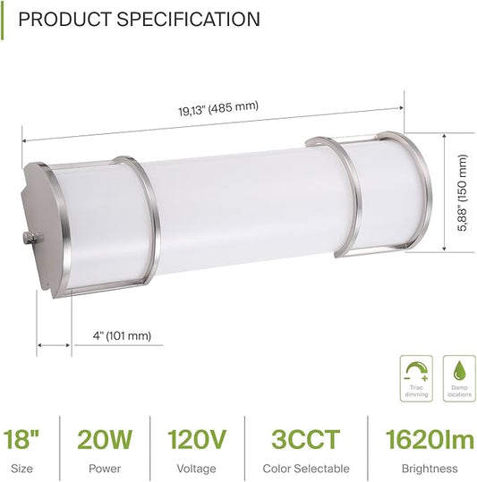 ASD LED 18" Vanity Flush Mount Light Fixture, Linear Bathroom Lighting Bar | 3CCT, Dimmable, Energy Star, ETL Listed | 20W 1650LM 3000-5000K 120V | Long Bath Wall Sconce Over Mirror | Nickel, 4 Pack