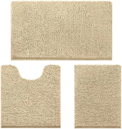 HOMEIDEAS Beige Chenille Bathroom Rugs Set of 3, Non Slip Bath Mat