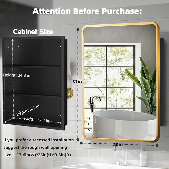 Movo 20x31 Inch Recessed or Surface Mount Medicine Cabinet with Mirror Aluminum Metal Framed Bathroom Mirror Medicine Cabinet Rectangle Storage Cabinet Gold