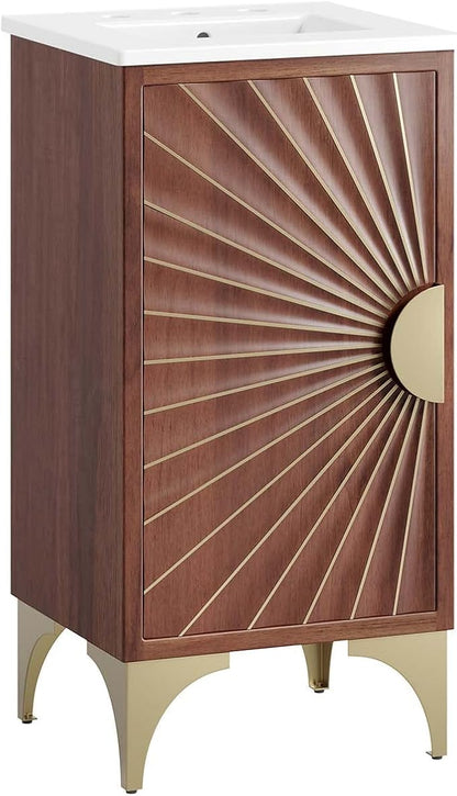 Modway Daylight Bathroom Vanity Cabinet with Ceramic Sink Basin, 18 Inch, White Walnut