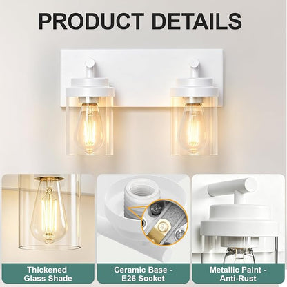 IZORRO Bathroom Vanity Light Fixture, 2-Light 15 Inch White Bathroom Light Fixtures Over Mirror, with Clear Glass Shade, Modern Farmhouse Vanity Lights, Rustic Restroom Lighting Fixtures