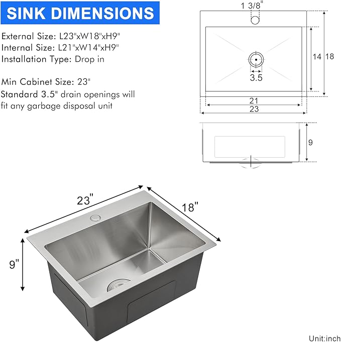 23" Drop-In Single Bowl Kitchen Sink 18 Gauge 304 Stainless Steel | 23"x18" Drop in Sink | 18 ga 304 SS Handmade | 1-hole | 9" deep | Single bowl | Brushed | Topmount