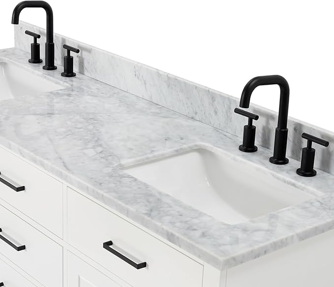 ARIEL Hepburn 66-inch Bathroom Vanity with Sink,Solid Wood, 0.75-inch Italian Carrara Marble Countertop, Double Rectangular Porcelain Sink, 4 Soft Closing Doors, 6 Dovetail Drawers, White