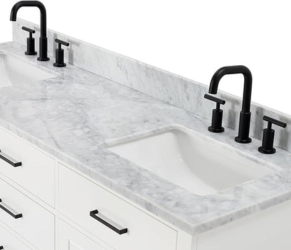 ARIEL Hepburn 66-inch Bathroom Vanity with Sink,Solid Wood, 0.75-inch Italian Carrara Marble Countertop, Double Rectangular Porcelain Sink, 4 Soft Closing Doors, 6 Dovetail Drawers, White
