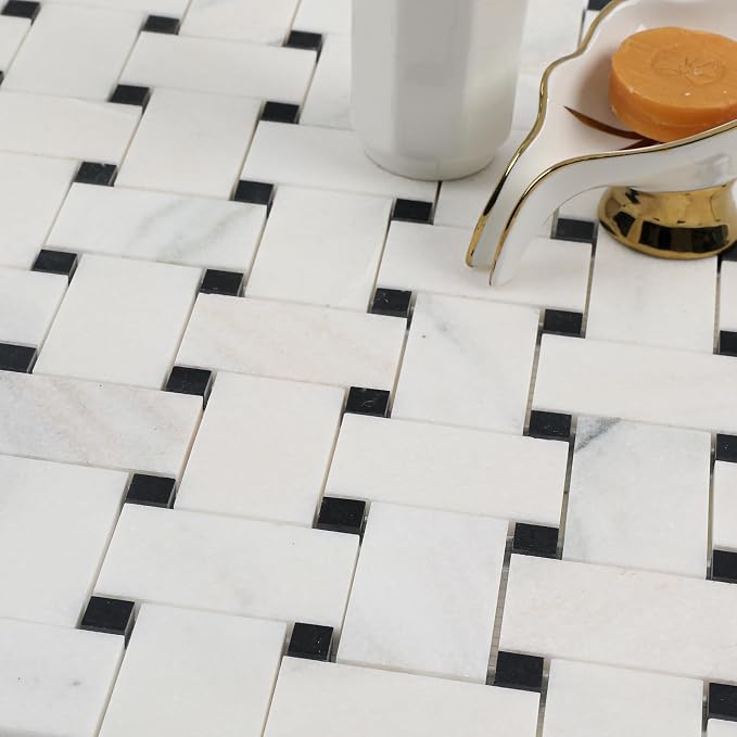 2×3 Inch Basketweaven White Marble Mosaic Tile for Wall Floor, 5 Sheets | Water & Heat Resistant Honed Marble Backsplash Tiles for Kitchen Bathroom Fireplace Surround Durable Unique Veins 3.8SQFT