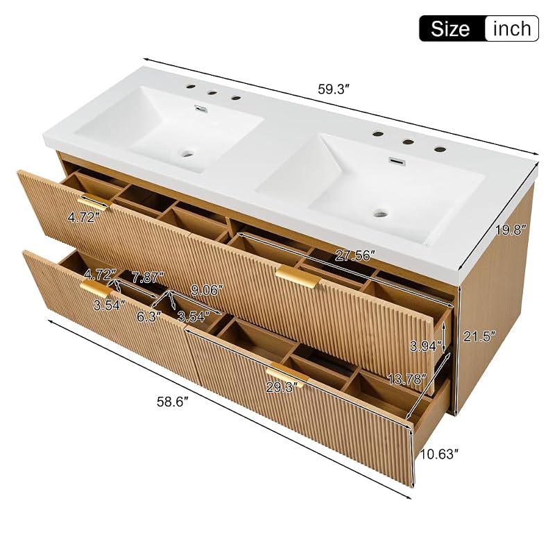 60 Inch Natural Color Floating Double Sink Bathroom Vanity with SMC Countertop and 4 Divided Drawers for Medium or Large Bathroom Room, Painted MDF Cabinet, Wall-Mounted