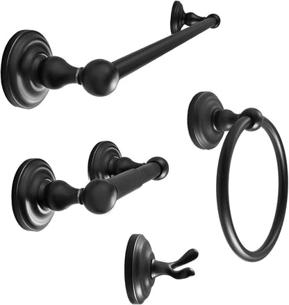 SENTO ROBIKI Black Bathroom Accessories Set, Bath Hardware, Includes Robe Hook, Toilet Paper Holder, Towel Ring, 18” & 24” Towel Bar, Duty Metal Bath Hardware Set Wall Mounted (4-Piece, Matte Black)