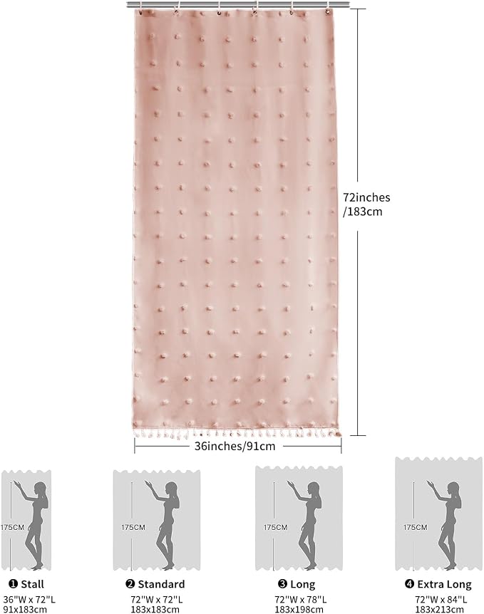 LilyCat Pink Stall Boho Tufted Floral Shower Curtain with Tassel, 36" x 72" | Waterproof Boho Fabric Shower Curtain Set with Hooks, Cute Rustic Vintage Bathroom Décor, Minimalist Cloth Bathroom Curtain