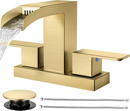Cobbe Waterfall Bathroom Faucets 3 Hole, Brushed Gold Bathroom Sink Faucet Square 4 Inch Centerset with Pop-Up Drain, 2 Handle and 2 Supply Hoses, Lead-Free Stainless Steel for Vanity Sink Rv
