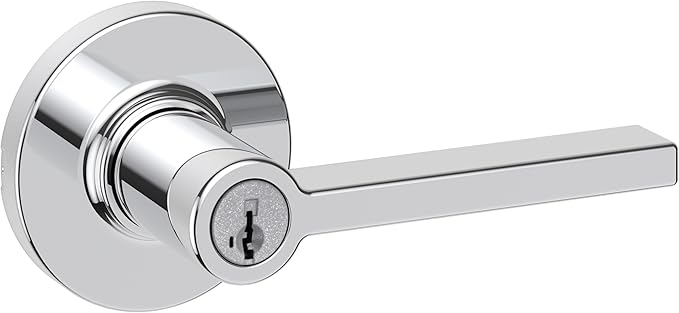 Kwikset Casey Entry Round Door Handle with Lock and Key, Secure Keyed Reversible Lever Exterior, Doorlock, for Front Entrance and Bedrooms, Polished Chrome, Pick Resistant Smartkey Rekey Security