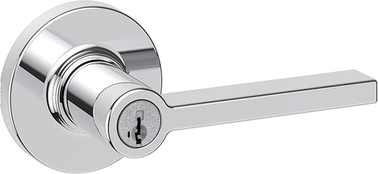 Kwikset Casey Entry Round Door Handle with Lock and Key, Secure Keyed Reversible Lever Exterior, Doorlock, for Front Entrance and Bedrooms, Polished Chrome, Pick Resistant Smartkey Rekey Security