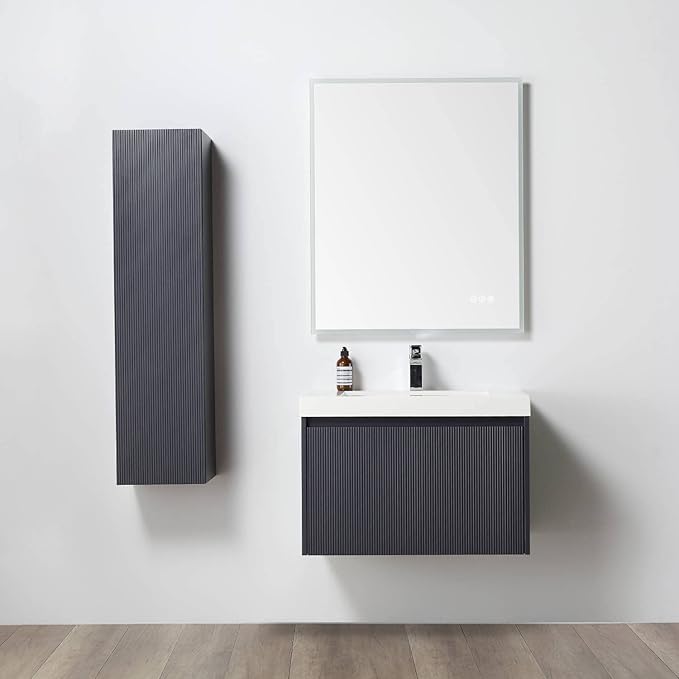 Blossom 30 Inch Bathroom Vanity with Sink and Side Cabinet, All Wood Floating Bathroom Vanity with Acrylic Sink, Bathroom Sink Cabinet with Soft-Close Drawer, Modern Style Vanities, Night Blue