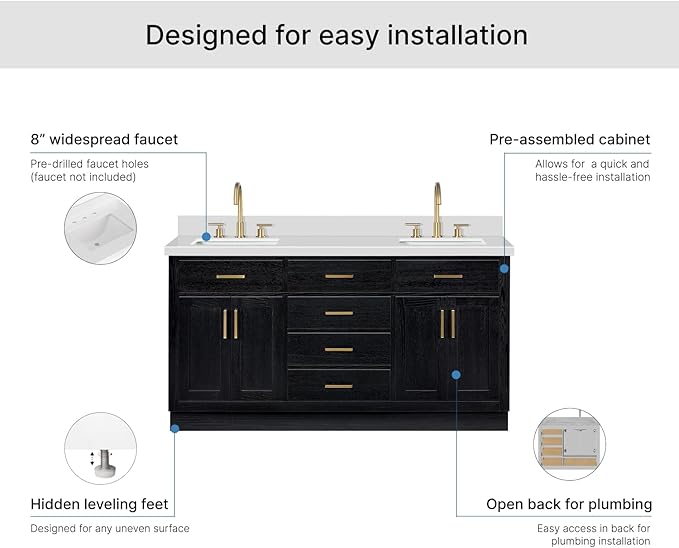 ARIEL Hepburn 66-inch Bathroom Vanity with Sink,Solid Wood, 1.5-inch Pure White Quartz Countertop, Double Rectangular Porcelain Sink, 4 Soft Closing Doors, 6 Dovetail Drawers, Black Oak