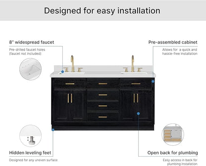 ARIEL Hepburn 66-inch Bathroom Vanity with Sink,Solid Wood, 1.5-inch Pure White Quartz Countertop, Double Rectangular Porcelain Sink, 4 Soft Closing Doors, 6 Dovetail Drawers, Black Oak