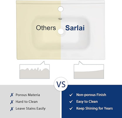 Sarlai Wall Hung Bathroom Vessel Sink with Towel Rack, 24x16 Inch Wall Mounted Rectangle Ceramic Bathroom Sink White Wash Modern Vanity Floating Basin