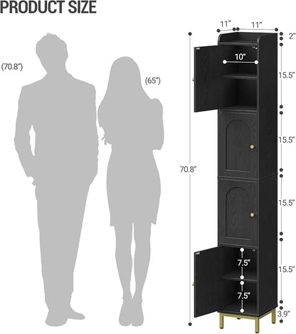 Hzuaneri 4-Tier Narrow Tall Storage Cabinet | Slim Bathroom Storage Cabinet with 4 Adjustable Feet and Shelves, for Living Room, Laundry Room, Black,11"D x 11"W x 70.9"H