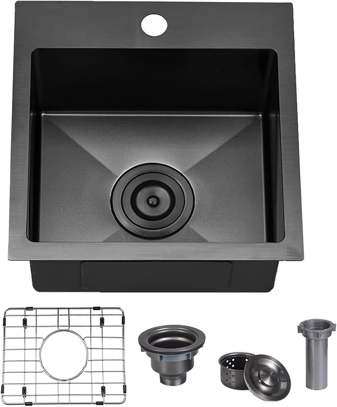 VCCUCINE Gunmetal Black Bar Sink Drop in, 15x15 Inch Topmount RV Small Kitchen Sink, 16 Gauge Overmount Stainless Steel Wet Bar Sink, Top Mount Outdoor Single Bowl Prep Sink with Dish Grid & Drain