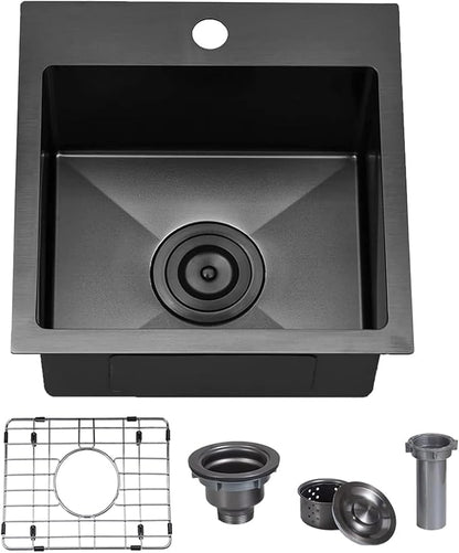 VCCUCINE Gunmetal Black Bar Sink Drop in, 15x15 Inch Topmount RV Small Kitchen Sink, 16 Gauge Overmount Stainless Steel Wet Bar Sink, Top Mount Outdoor Single Bowl Prep Sink with Dish Grid & Drain