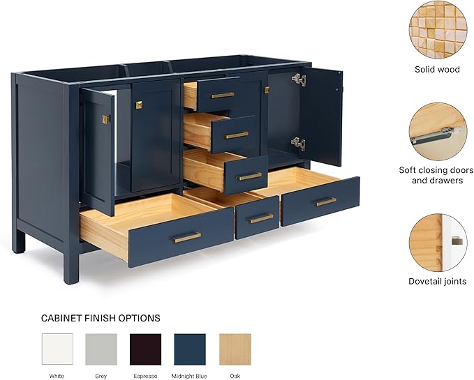 ARIEL Cambridge 60-inch Bathroom Vanity Base Cabinet,Solid Wood, 4 Soft Closing Doors, 6 Dovetail Drawers, Midnight Blue