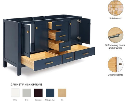 ARIEL Cambridge 60-inch Bathroom Vanity Base Cabinet,Solid Wood, 4 Soft Closing Doors, 6 Dovetail Drawers, Midnight Blue