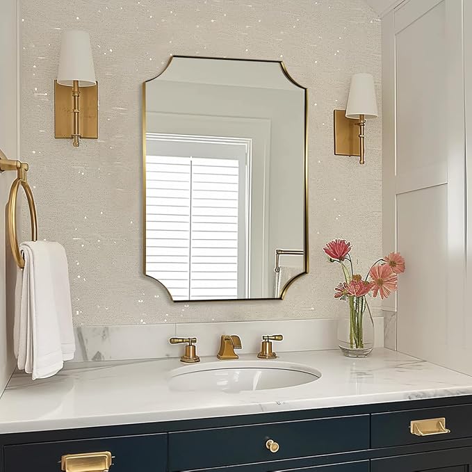 22x30 Inch Brushed Gold Scalloped Rectangle Mirror for Bathroom | Anti-Rust Stainless Steel Frame, Brushed Brass Finish, Unique Scalloped Edge Design, Ideal for Bathroom, Powder Room, Enryway