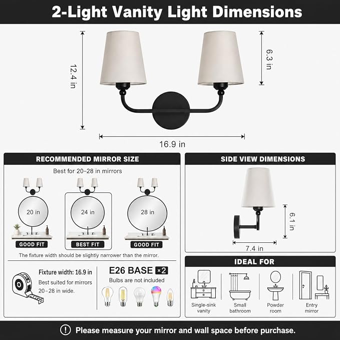 Bathroom Vanity Light, Matte Black Bathroom Lighting Fixtures Over Mirror | 2-Light Bathroom Light Fixtures with Flared White Fabric Shade, E26 Socket (ETL Listed)