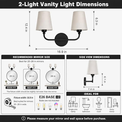 Bathroom Vanity Light, Matte Black Bathroom Lighting Fixtures Over Mirror | 2-Light Bathroom Light Fixtures with Flared White Fabric Shade, E26 Socket (ETL Listed)