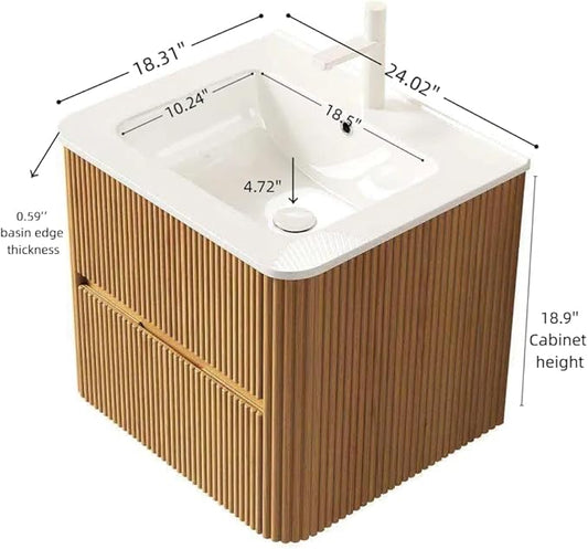 24" Floating Bathroom Vanity with Sink, Wall Mounted Modern Bathroom Cabinet with 2 Soft Close Drawers, Oak & Plywood, Pre-Assembled with Integrated Ceramic Basin – Bruges, Natural Wood
