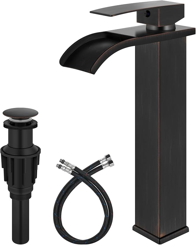Oil Rubbed Bronze Waterfall Vessel Sink Faucet,Tall Bathroom Faucet | Single-Handle Single-Hole Lavatory Vanity Sink Faucet Mixer Tap Includes Pop-Up Drain and Supply Lines