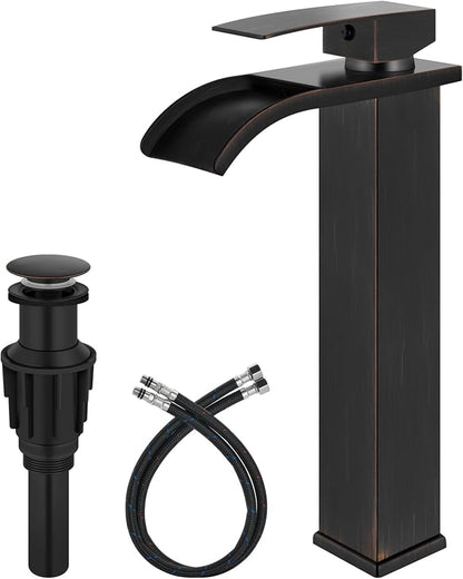 Oil Rubbed Bronze Waterfall Vessel Sink Faucet,Tall Bathroom Faucet | Single-Handle Single-Hole Lavatory Vanity Sink Faucet Mixer Tap Includes Pop-Up Drain and Supply Lines