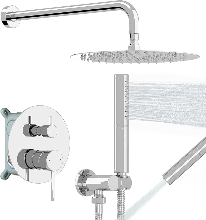 BESy Shower System with 10 Inch Round Rain Shower Head and Handheld Wall Mounted, High Pressure Rainfall Shower Faucet Fixture Combo Set with 2 in 1 Handheld Showerhead for Bathroom, Chrome
