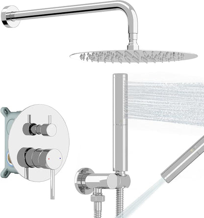 BESy Shower System with 10 Inch Round Rain Shower Head and Handheld Wall Mounted, High Pressure Rainfall Shower Faucet Fixture Combo Set with 2 in 1 Handheld Showerhead for Bathroom, Chrome