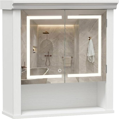 Bathroom Medicine Cabinet with Mirror and Lights, Wall Mount Bathroom Mirror with Storage, 3 Color Temps, Led Medicine Cabinet Mirror for Bathroom with 2 Doors, 9.3" Dx24.2 Wx25 H(White)
