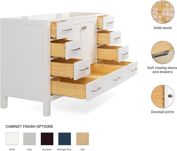ARIEL Cambridge 54-inch Bathroom Vanity Base Cabinet,Solid Wood, 2 Soft Closing Doors, 9 Dovetail Drawers, White