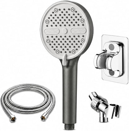 High Pressure Shower Head, Stick-on Low Mount Wall Bracket, Grey | 5 Spray Modes, Water-Saving, 360° Adjustable Bracket, For Low Water Pressure Home, RV, Bathroom, Fix Firmly Kid-Friendly