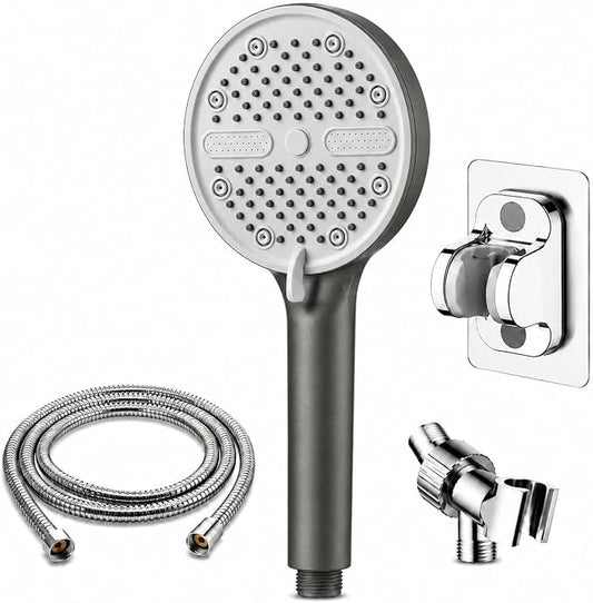 High Pressure Shower Head, Stick-on Low Mount Wall Bracket, Grey | 5 Spray Modes, Water-Saving, 360° Adjustable Bracket, For Low Water Pressure Home, RV, Bathroom, Fix Firmly Kid-Friendly