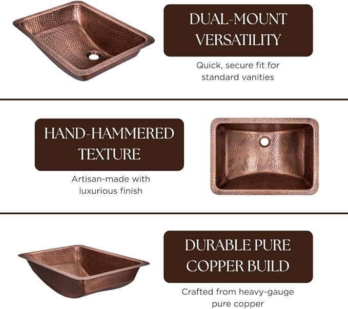 Monarch Abode Bathroom Sink – 21-Inch Venitian Dual Mount Undermount or Drop In Bathroom Sinks, Bathrooms Hand Hammered Pure Copper Vanity Sink for Countertop, Powder Room, Bath, or Restroom