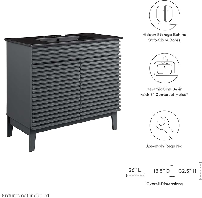 Modway Render 36" Bathroom Vanity in Gray Black