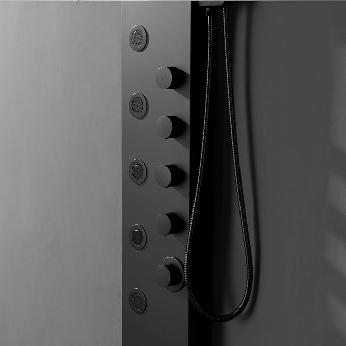 Matte Black Bathroom Shower Tower, 304 Stainless Steel Shower Panel Tower System with Rainfall Shower Head 4 Rain Massage Body Jets for Home Hotel Resort Bathroom Lavatory