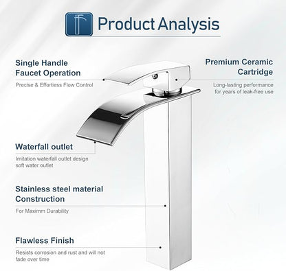 Chrome Vessel Sink Faucet Bathroom Faucets Tall Waterfall Bathroom Bowl Sink Faucet Rv Lavatory Faucet with Supply Hose