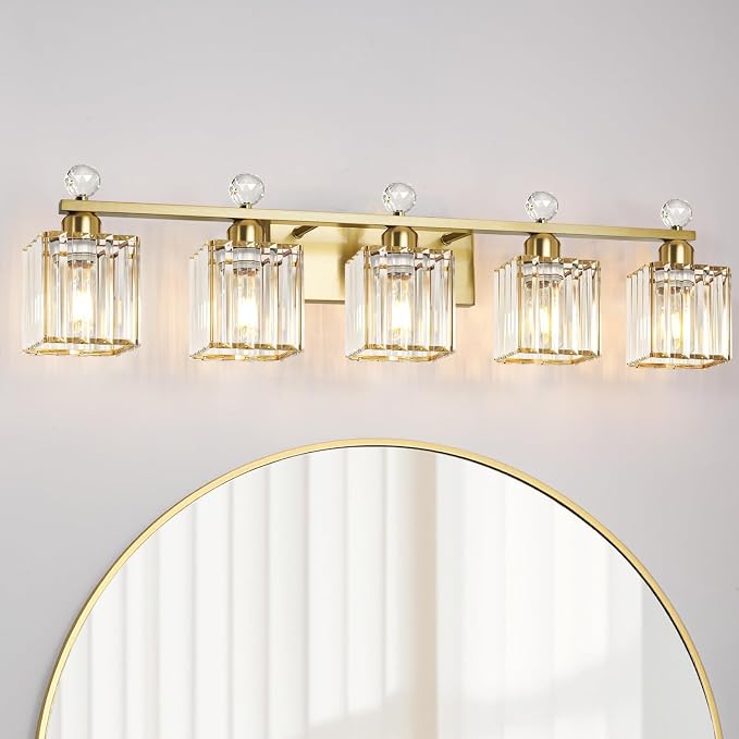 Lxybcce Bathroom Vanity Lights Over Mirror - Easy Installation with Clear Guide, 5-Light Shadow-Free Design, Gold Crystal Finish - for Modern Home Bathroom Lighting Fixtures in DIY Projects