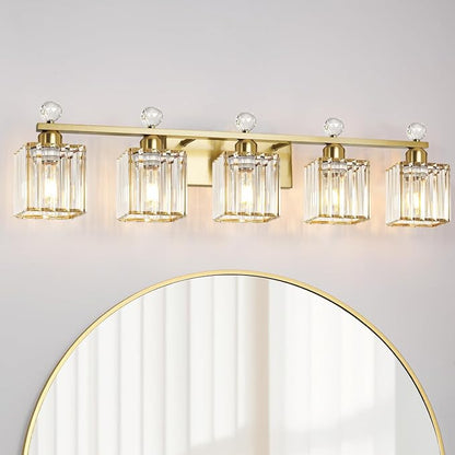 Lxybcce Bathroom Vanity Lights Over Mirror - Easy Installation with Clear Guide, 5-Light Shadow-Free Design, Gold Crystal Finish - for Modern Home Bathroom Lighting Fixtures in DIY Projects