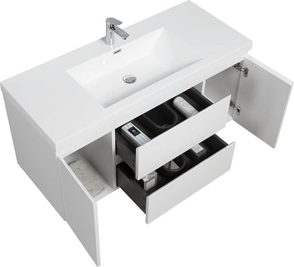 48 Inch Floating Bathroom Vanity with Sink, Large Storage Wall Mounted Floating Vanity with Soft Close Drawers, One-Piece Basin Bathroom Sink Cabinet (Glossy White, 48")