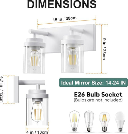 IZORRO Bathroom Vanity Light Fixture, 2-Light 15 Inch White Bathroom Light Fixtures Over Mirror, with Clear Glass Shade, Modern Farmhouse Vanity Lights, Rustic Restroom Lighting Fixtures