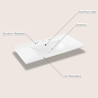 JONATHAN Y SNK1003A Ancillary 3-Hole 36 in. W x 18.25 in. D Classic Contemporary Rectangular Ceramic Single Sink Basin Vanity Top, White