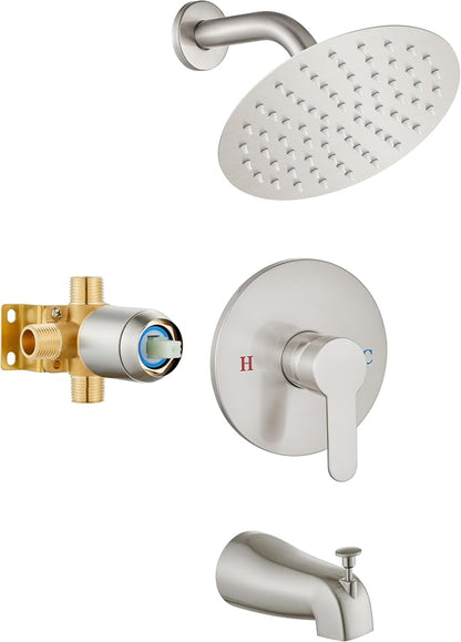 Airuida Shower Faucet Set with Tub Spout,8" Bathtub Faucet-Brushed Nickel | Male Threads Rough-In Valve,Round Head Shower System,Tub and Shower Kit Set