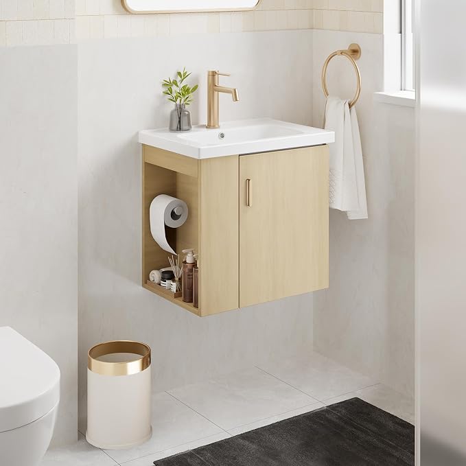 20 Inch Oak Floating Small Bathroom Vanity, Pre-Assembled Wall Mounted Cabinet with Sink, Left Side Storage, Soft-Close Door, Modern Space-Saving Design, No Faucet,BV04-20-OAK-PLUS